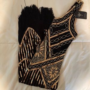 1920s Vintage Sequin Embellished Fringe Long Gatsby Flapper Dress - Size S